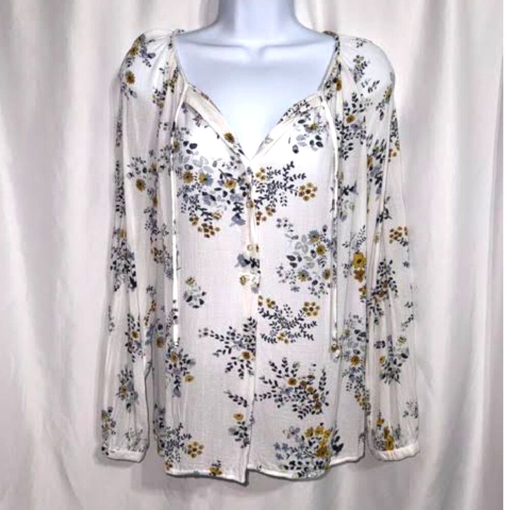 Lucky Brand White Floral Peasant Flowy Boho Long Sleeve Tie Neck Top Size Med.